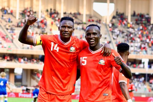 Olunga and Ogam celebrate a goal against Seychelles. PHOTO/@Harambee__Stars/X