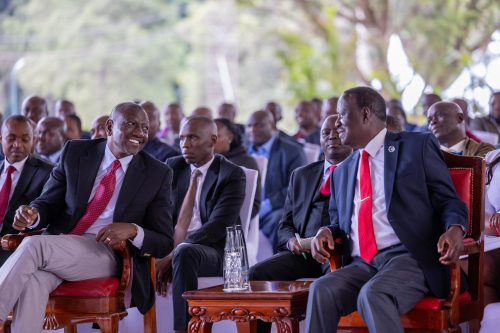 Ruto and Raila during the Gusii leaders’ meeting at State House. PHOTO/@WilliamsRuto/X