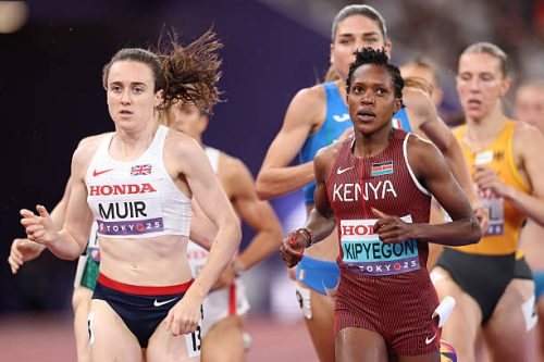 Faith Kipyegon alongside Great Britain’s Laura Muir during the women’s 1500m heat at the World Athletics Championships in Tokyo. PHOTO/@TrackGazette/X