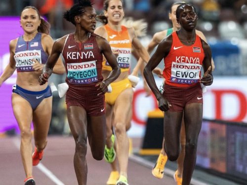 Faith Kipyegon and Dorcas Ewoi during the women’s 1500m semi-finals in Tokyo. PHOTO/@FloTrack/X