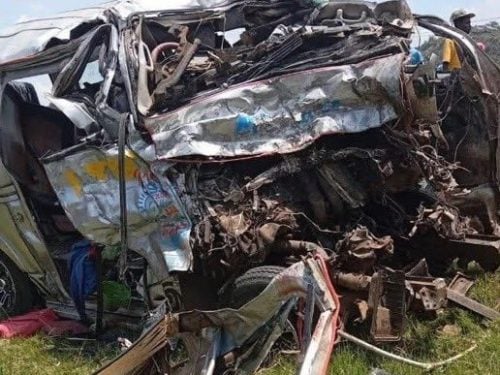 The matatu involved in the accident on the Nakuru–Nairobi Highway. PHOTO/@fourtheyenews/X