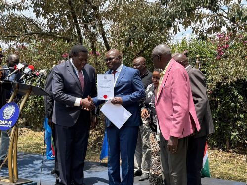 DAP-K Party leader Eugene Wamalwa while handing over direct ticket to Seth Panyako for Malava constituency by-election on Thursday, September 18, 2025. PHOTO/@DAP_Kenya/X