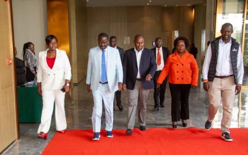 Raila Odinga and other ODM leaders during a Parliamentary Group meeting in Machakos. PHOTO/@TheODMparty/X