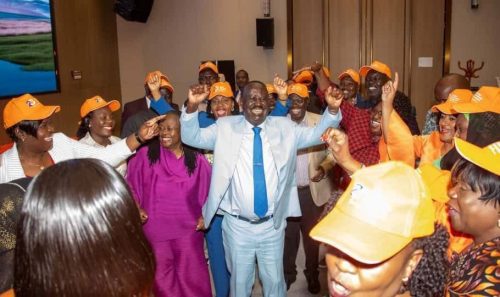 Raila Odinga and other ODM leaders during the Parliamentary Group meeting in Machakos. PHOTO/@JunetMohamed/X