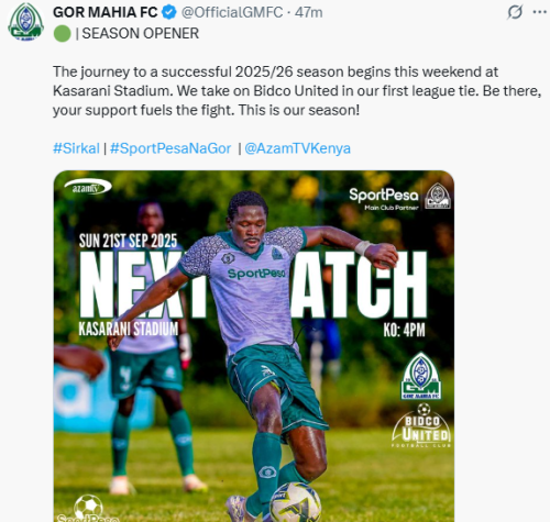 X statement of Gor Mahia rallying fans for support. PHOTO/ Scfreen grab by People Daily Digital/@OfficialGMFC/X