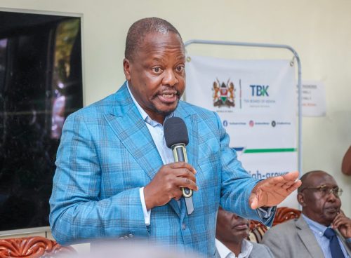 CS Agriculture Mutahi Kagwe during a visit to West of Rift tea factories, accompanied by key sector leaders. PHOTO/@KTDAHoldingsLtd/X