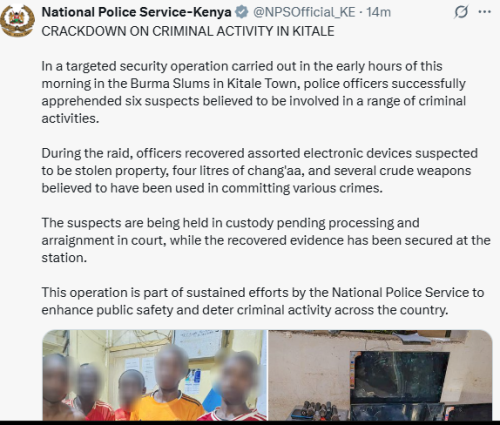 X statement of NPS confirming crackdown on criminal activities in Kitale on Monday, September 29, 2025. PHOTO/Screen grab by People Daily Digital/@NPSOfficial_KE/X