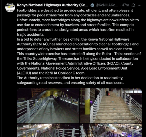 A post shared by KeNHA on X. PHOTO/Screengrab by K24 Digital from @KeNHAKenya/X