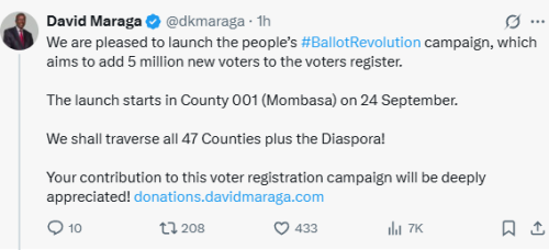 X statement of former CJ David Maraga launching the voter registration campaign on Tuesday, September 23, 2025. PHOTO/Screen grab by People Daily Digital/@dkmaraga/X