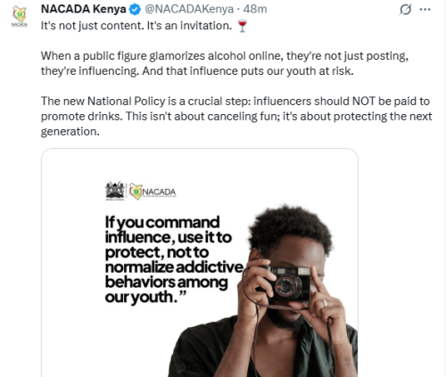 An X statement of NACADA warining against alcohol influencing on Monday, September 22, 2025. PHOTO/Screen grab by People Daily Digital/NACADAKenya/X