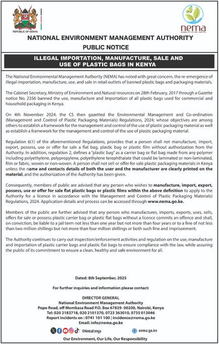 Statement of NEMA warning against illegal importation and use of plastic bags in Kenya released on Tuesday, September 23, 2025. PHOTO/NEMA