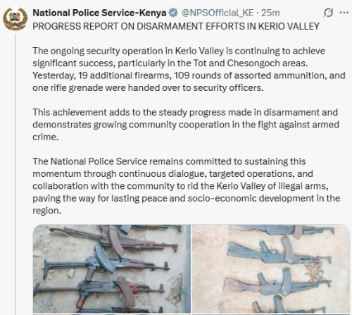 Statement of the police confirming disarmament efforts in Kerio Valley on Saturday, September 20, 2025. PHOTO/Screen grab by People Daily Digital/@NPSOfficial_KE/X