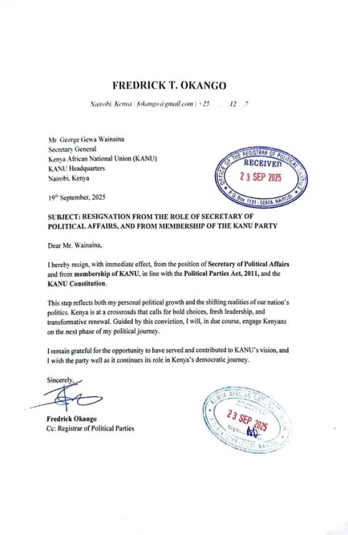 Statement of Fredrick Okango confirming his resignation from KANU Party on Tuesday, September 23, 2025. PHOTO/Fredrick Ogango