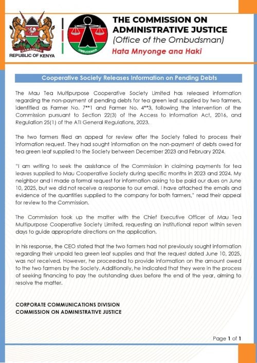 The Ombudsman has compelled Mau Tea Multipurpose Cooperative Society Limited to release information regarding unpaid debts owed to two farmers. PHOTO/@KenyasOmbudsman/X.com