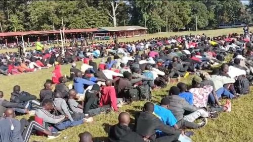 Applicants sit in an open field during a past police recruitment exercise. PHOTO/Screengrab by People Daily Digital