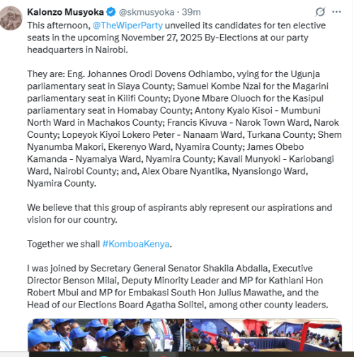 X statement of Kalonzo Musyoka on the unveiling of Wiper Party candidates for the Novemeber by-election. Screen grab by People Daily Digital/@skmusyoka/X