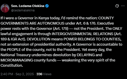 A screenshot of Ledama Olekina's statement. PHOTO/Screengrab by People Daily Digital from a statement shared on X by @ledamalekina
