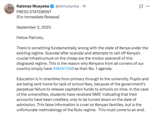 X post by Kalonzo Musyoka. PHOTO/Screengrab by People Daily Digital