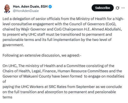 X post by Aden Duale. PHOTO/Screengrab by People Daily Digital