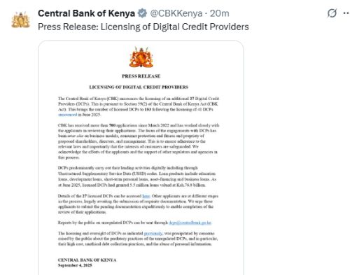 X post by CBK. PHOTO/Screengrab by People Daily Digital