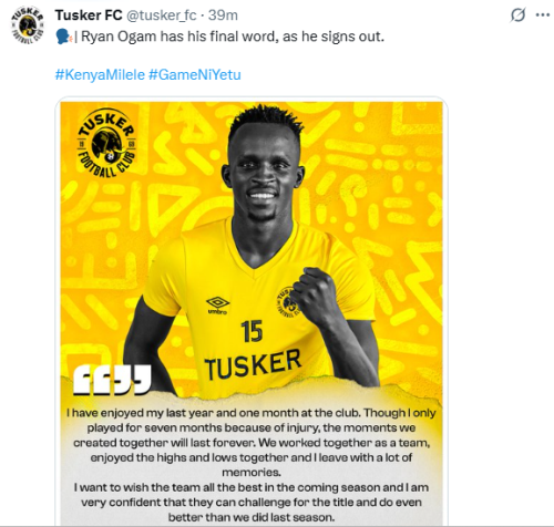 X post by Tusker FC. PHOTO/Screengrab by People Daily Digital