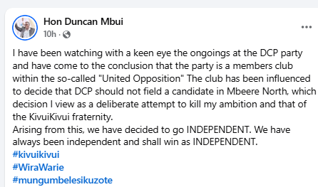 Facebook post by Duncan Mbui. PHOTO/Screengrab by People Daily Digital