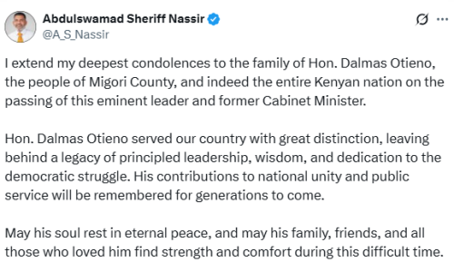 X post by Governor Abdulswamad Sheriff Nassir. PHOTO/Screengrab by People Daily Digital