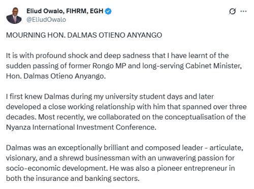 X post by Eliud Owalo. PHOTO/Screengrab by People Daily Digital