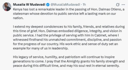 X post by Musalia Mudavadi. PHOTO/Screengrab by People Daily Digital