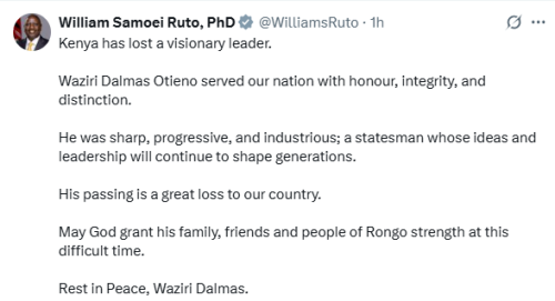 X post by William Ruto. PHOTO/Screengrab by People Daily Digital