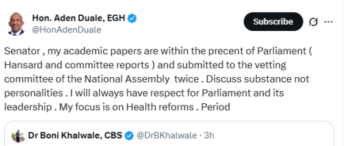 X post by Aden Duale. PHOTO/Screengrab by People Daily Digital
