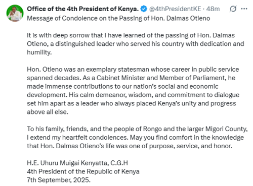 X post by the Office of the 4th President of Kenya. PHOTO/Screengrab by People Daily Digital