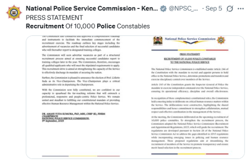 X post by National Police Service Commission. PHOTO/Screengrab by People Daily Digital