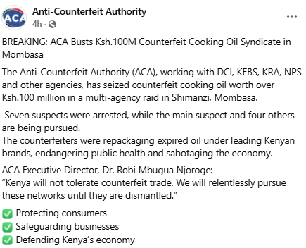 Facebook post by Anti-Counterfeit Authority. PHOTO/Screengrab by People Daily Digital