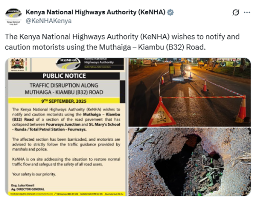 X post by KeNHA. PHOTO/Screengrab by People Daily Digital