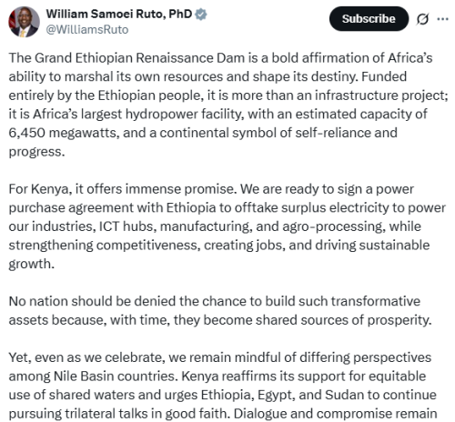 X post by William Ruto. PHOTO/Screengrab by People Daily Digital