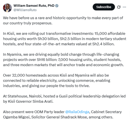 X post by William Ruto. PHOTO/Screengrab by People Daily Digital