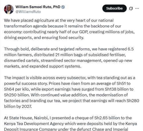 X post by William Ruto. PHOTO/Screengrab by People Daily Digital