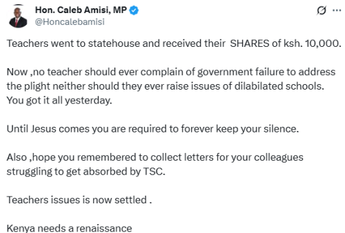 X post by Caleb Amisi. PHOTO/Screengrab by People Daily Digital