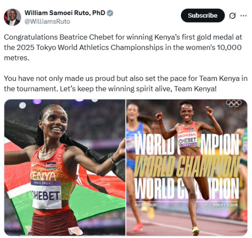 X post by William Ruto. PHOTO/Screengrab by People Daily Digital