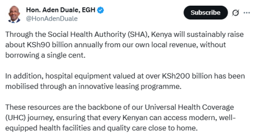 X post by Aden Duale. PHOTO/Screengrab by People Daily Digital