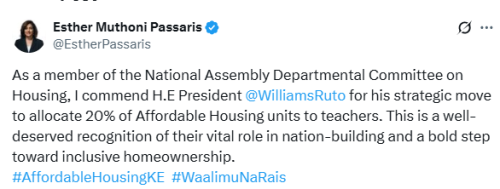 X post by Esther Passaris. PHOTO/Screengrab by People Daily Digital