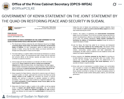 X post by the Office of the Prime Cabinet Secretary. PHOTO/Screengrab by People Daily Digital