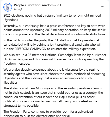 Facebook post by People's Front for Freedom. PHOTO/Screengrab by People Daily Digital