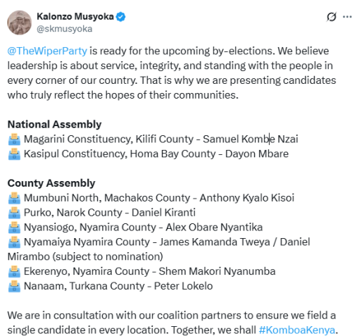 X post by Kalonzo Musyoka. PHOTO/Screengrab by People Daily Digital