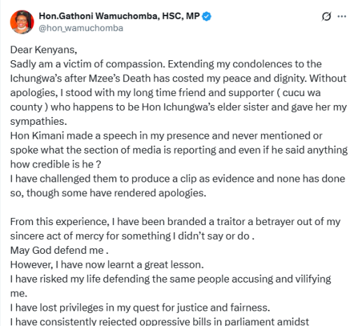 X post by Gathoni Wamuchomba. PHOTO/Screengrab by People Daily Digital