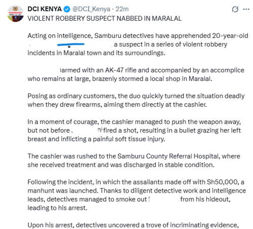 X post by the DCI. PHOTO/Screengrab by People Daily Digital