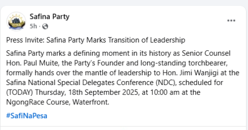 Safina party statement on the handing over. PHOTO// Screengrab by Peopple Daily Digital/https://www.facebook.com/SafinaPartyKE