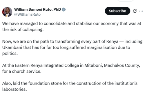 X post by William Ruto. PHOTO/Screengrab by People Daily Digital