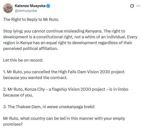 X post by Kalonzo Musyoka. PHOTO/Screengrab by People Daily Digital